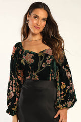 Luxe Romance Emerald Velvet Floral Burnout Long Sleeve Bodysuit