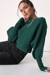 Classically Cozy Dark Green Ribbed Dolman Sleeve Cropped Sweater