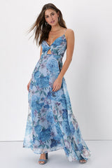 Enchanting Entrance Blue Floral Organza Keyhole Maxi Dress