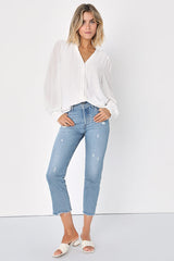Delightful Charm White Swiss Dot Button-Up Long Sleeve Top