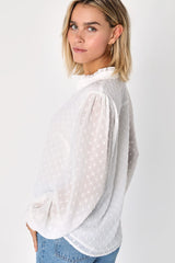 Delightful Charm White Swiss Dot Button-Up Long Sleeve Top