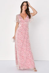 Dreamiest Desires Pink Floral Flutter Sleeve Maxi Dress