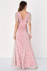 Dreamiest Desires Pink Floral Flutter Sleeve Maxi Dress