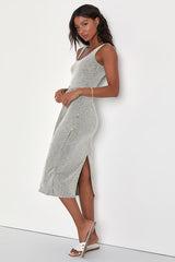 Summer Perfection Olive and Ivory Striped Ribbed Midi Dress