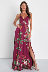 Still the One Burgundy Floral Print Satin Maxi Dress
