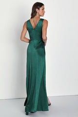 Perfect Refinement Emerald Satin Sleeveless Pleated Maxi Dress