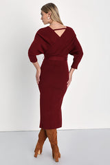 Fall into Fashion Burgundy Dolman Sleeve Sweater Midi Dress