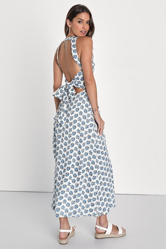 Flirty Fave Ivory Floral Print Tie-Back Midi Dress