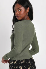 Karlee Olive Green Ribbed Knit Long Sleeve Sweater Top