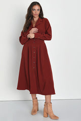 Timeless Class Dark Red Collared Button-Up Pleated Midi Dress