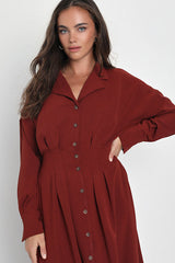 Timeless Class Dark Red Collared Button-Up Pleated Midi Dress