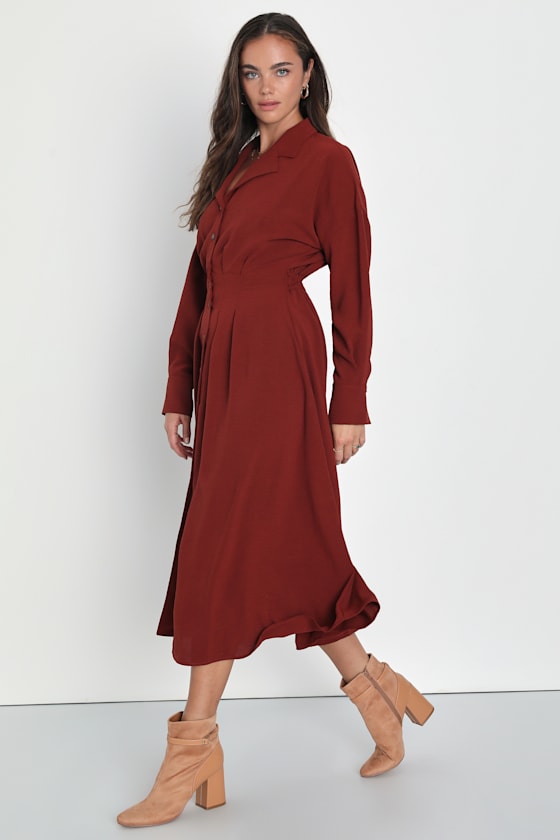 Timeless Class Dark Red Collared Button-Up Pleated Midi Dress