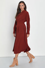 Timeless Class Dark Red Collared Button-Up Pleated Midi Dress