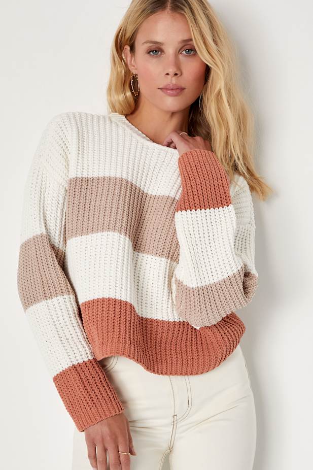 Moments of Cozy Ivory Multi Striped Crew Neck Pullover Sweater