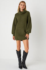 Casual Coziness Olive Green Waffle Knit Cowl Neck Sweater Dress