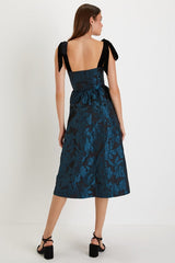 Beyond Graceful Black Floral Jacquard Velvet Tie-Strap Midi Dres