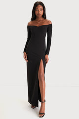 Classic Allure Black Off-the-Shoulder Long Sleeve Maxi Dress
