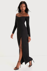 Classic Allure Black Off-the-Shoulder Long Sleeve Maxi Dress