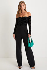 Stunning Occasion Black Burnout Velvet Off-the-Shoulder Jumpsuit