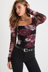 Flowering Aesthetic Black Floral Mesh Ruched Square Neck Top