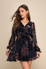 Stunning Feeling Navy Blue Velvet Floral Burnout Mini Dress
