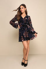 Stunning Feeling Navy Blue Velvet Floral Burnout Mini Dress