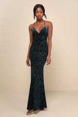 Marvelous Icon Emerald Velvet Glitter Backless Maxi Dress