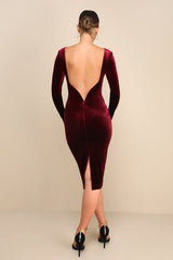 Va Va Voom Burgundy Velvet Backless Long Sleeve Midi Dress