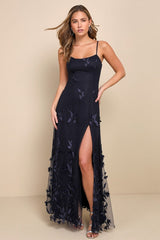 Abundant Charm Navy Blue 3D Floral Applique Maxi Dress