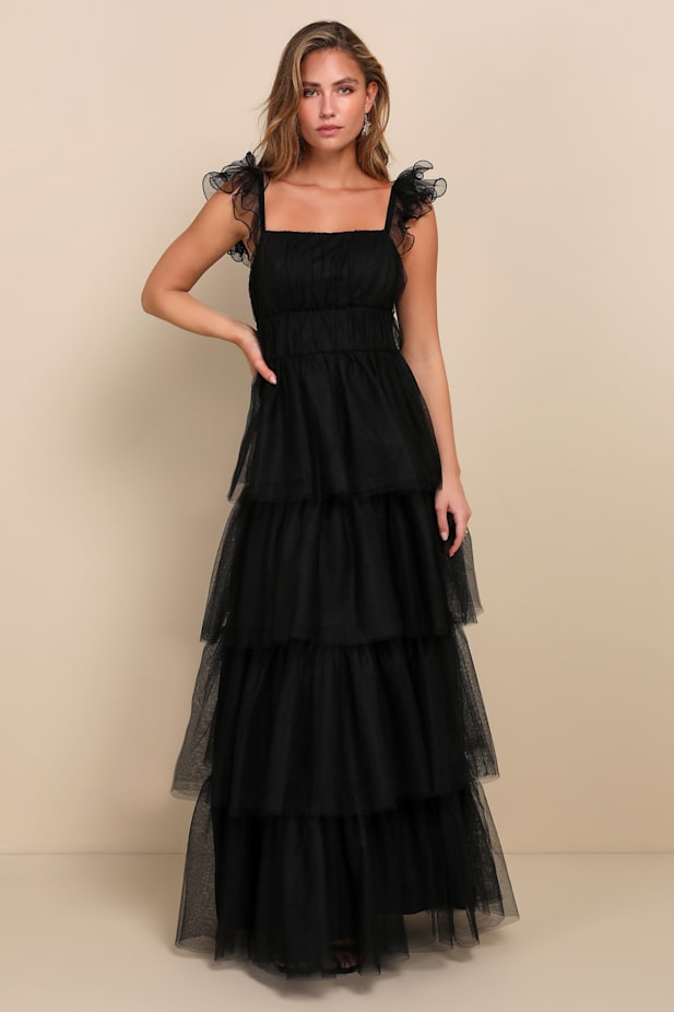 Tulle For Love Black Mesh Tulle Tiered Ruffled Maxi Dress