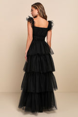 Tulle For Love Black Mesh Tulle Tiered Ruffled Maxi Dress