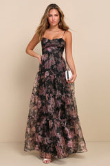 Exclusive Glamour Black Floral Organza Tiered Maxi Dress