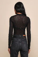 Strike an Attitude Black Mesh Multi Embellished Mesh Bodysuit