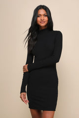 Dashing Black Ribbed Mock Neck Long Sleeve Bodycon Mini Dress