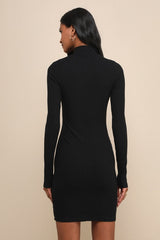 Dashing Black Ribbed Mock Neck Long Sleeve Bodycon Mini Dress