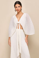 Pristine Presence Ivory Plisse Tie-Front Dolman Sleeve Crop Top