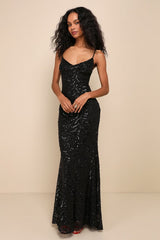Mesmerizing Demeanor Black Sequin Backless Mermaid Maxi Dress