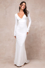Extravagant Love White Backless Long Sleeve Ruched Maxi Dress