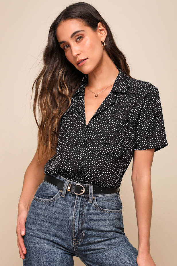 Good Luck Charm Black Polka Dot Short Sleeve Button-Up Top
