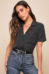 Good Luck Charm Black Polka Dot Short Sleeve Button-Up Top