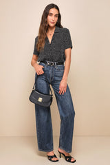 Good Luck Charm Black Polka Dot Short Sleeve Button-Up Top