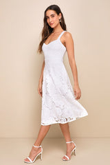 Divine Beauty White Lace Midi Dress With Pockets