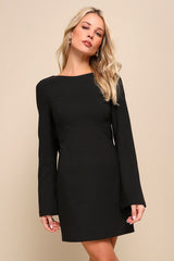 Elegant Cutie Black Bow Long Sleeve Backless Mini Dress