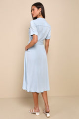 Pleasant Cutie Blue Chambray Collared Midi Dress With Pockets