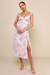 Delightful Direction Blush Floral Ruffled Tie-Strap Midi Dress