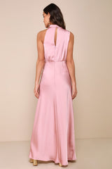 Distinctive Charm Dusty Pink Satin Asymmetrical Maxi Dress