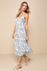 Poise and Perfection Ivory Floral Print Pleated Midi Dress