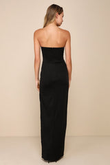 Elegant Mood Black 3D Floral Applique Strapless Maxi Dress