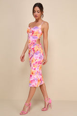 Vibrant Babe Pink Multi Floral Cutout Drawstring Midi Dress