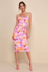 Vibrant Babe Pink Multi Floral Cutout Drawstring Midi Dress